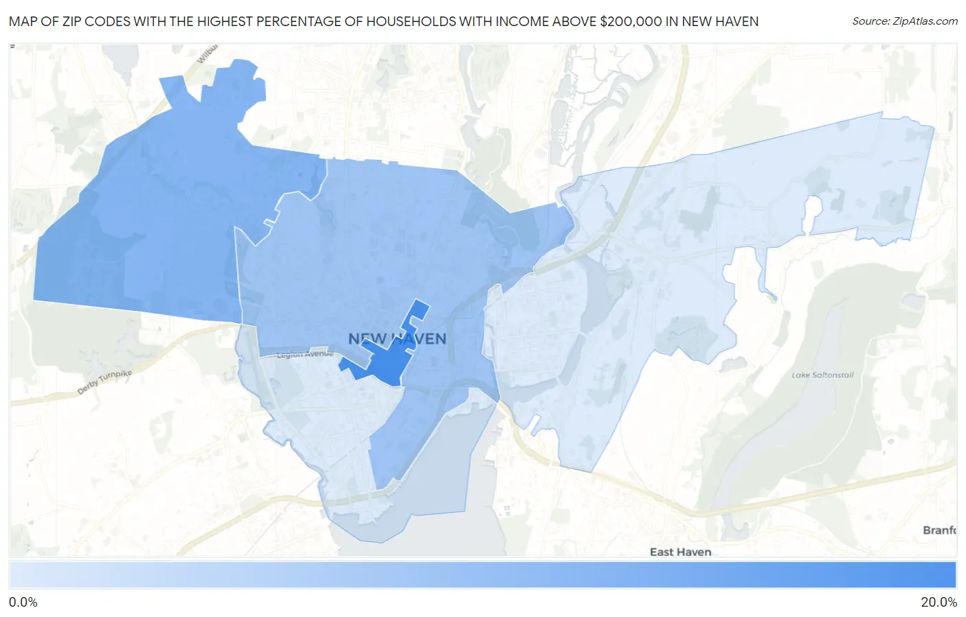 Zip Codes with the Highest Percentage of Households with Income Above $200,000 in New Haven Map