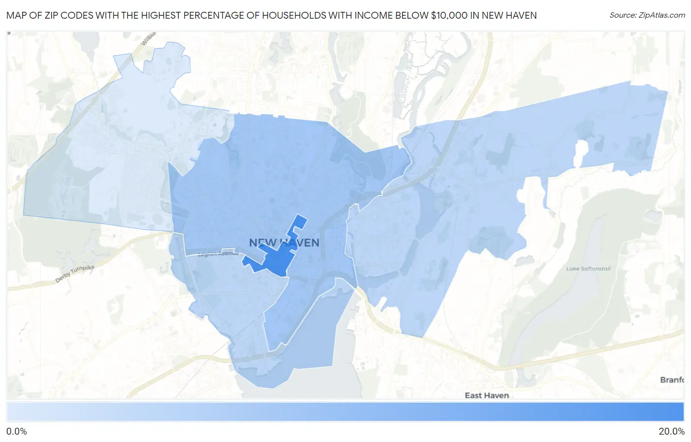 Zip Codes with the Highest Percentage of Households with Income Below $10,000 in New Haven Map