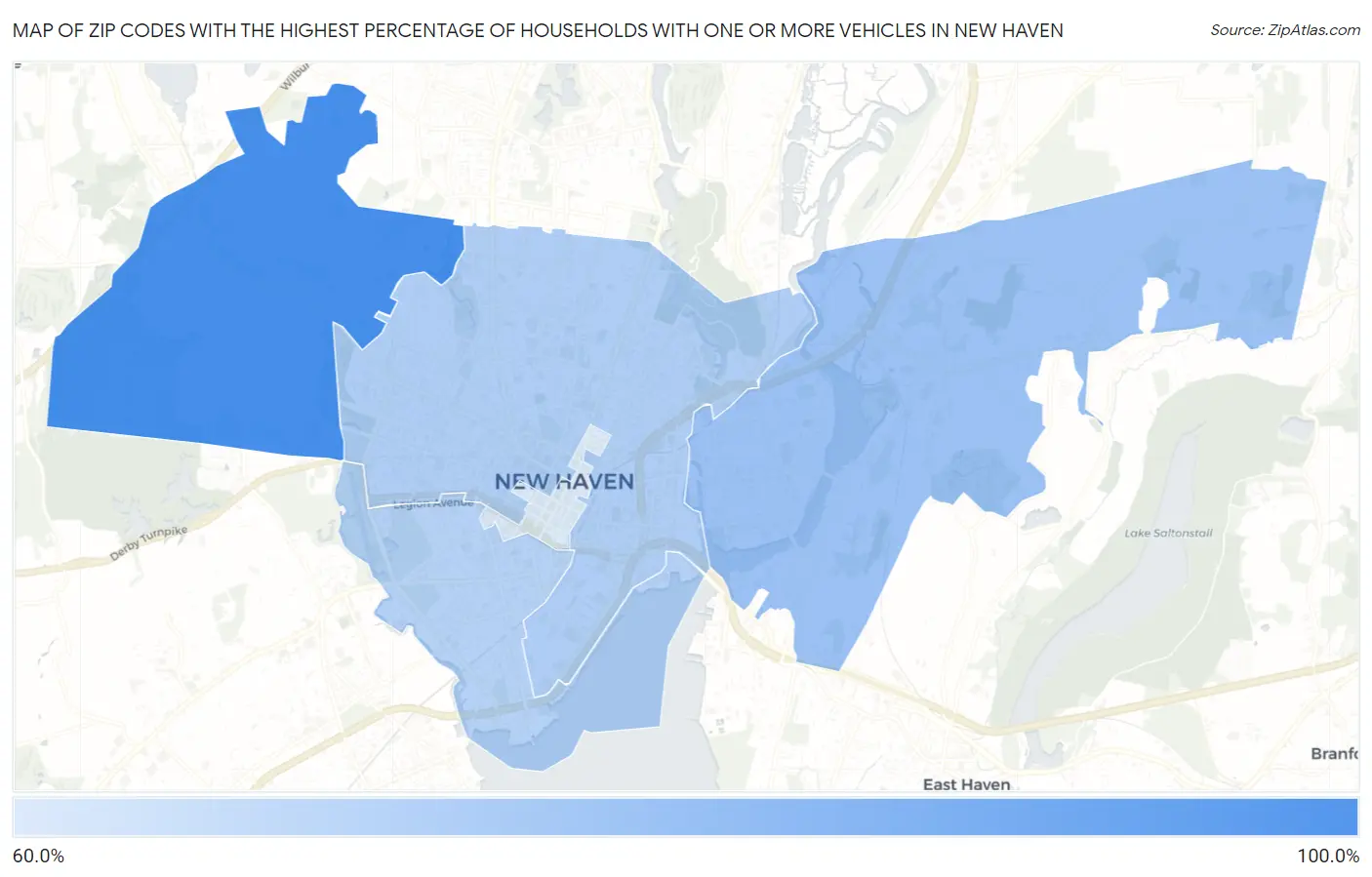 Zip Codes with the Highest Percentage of Households With One or more Vehicles in New Haven Map