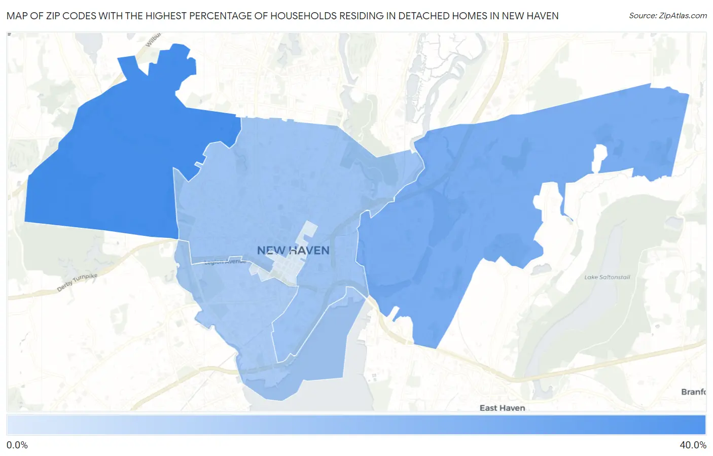 Zip Codes with the Highest Percentage of Households Residing in Detached Homes in New Haven Map