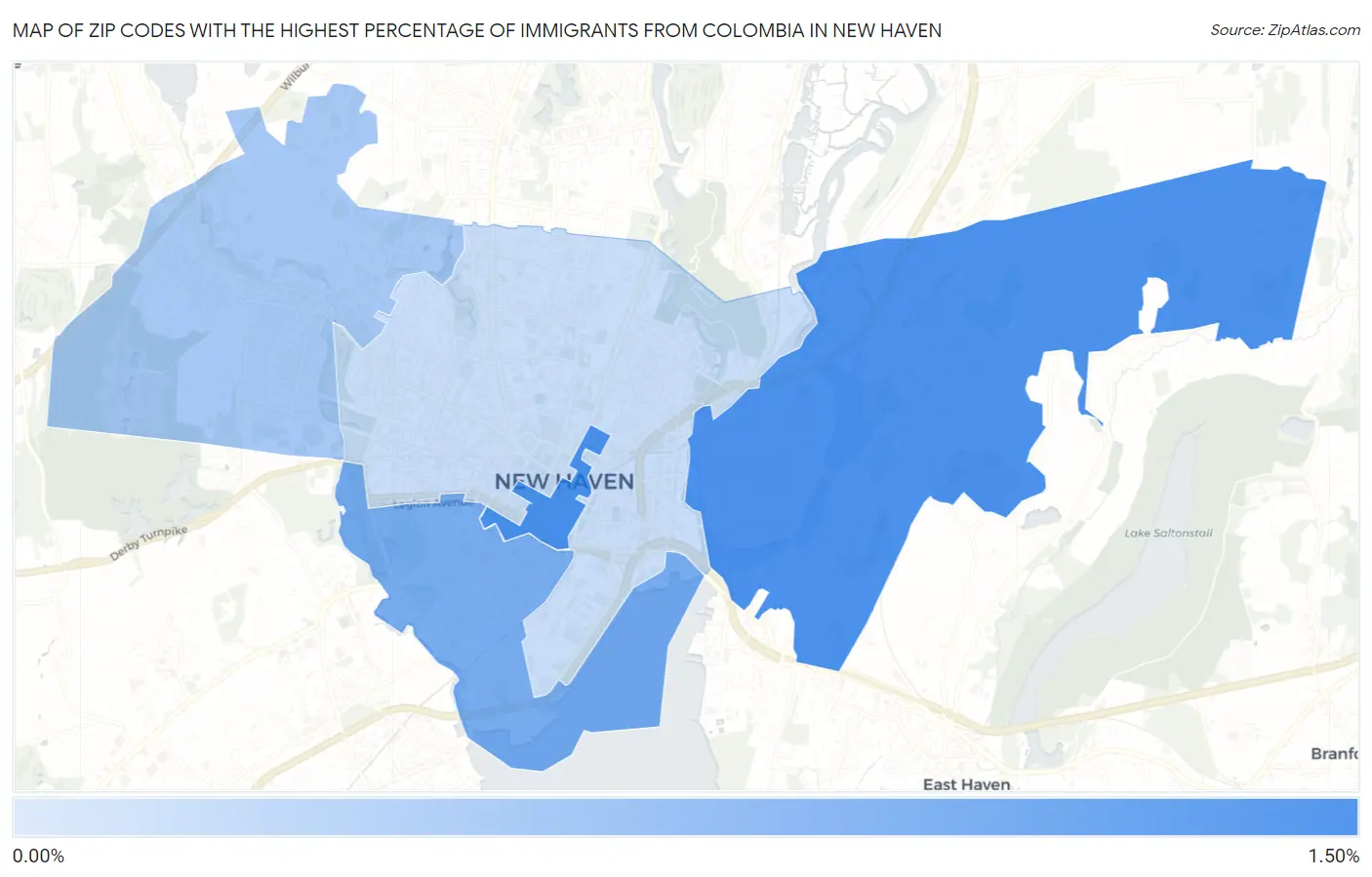 Zip Codes with the Highest Percentage of Immigrants from Colombia in New Haven Map