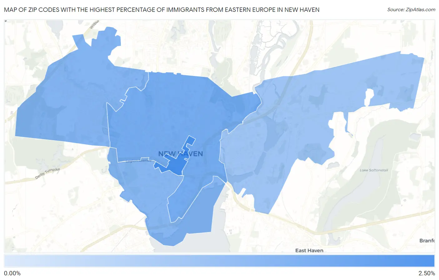 Zip Codes with the Highest Percentage of Immigrants from Eastern Europe in New Haven Map