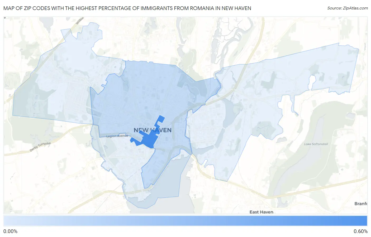Zip Codes with the Highest Percentage of Immigrants from Romania in New Haven Map