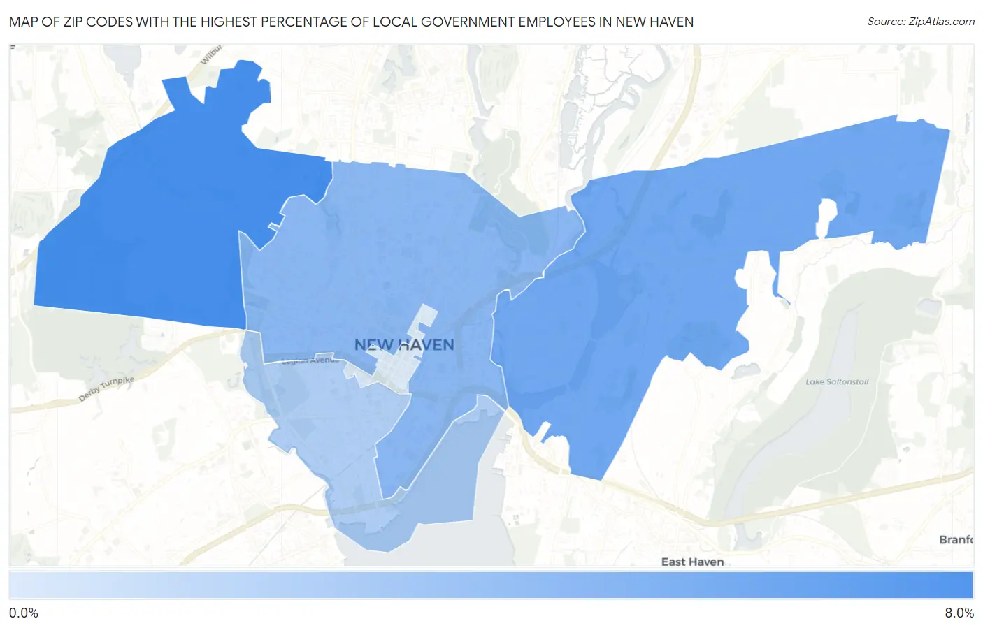 Zip Codes with the Highest Percentage of Local Government Employees in New Haven Map