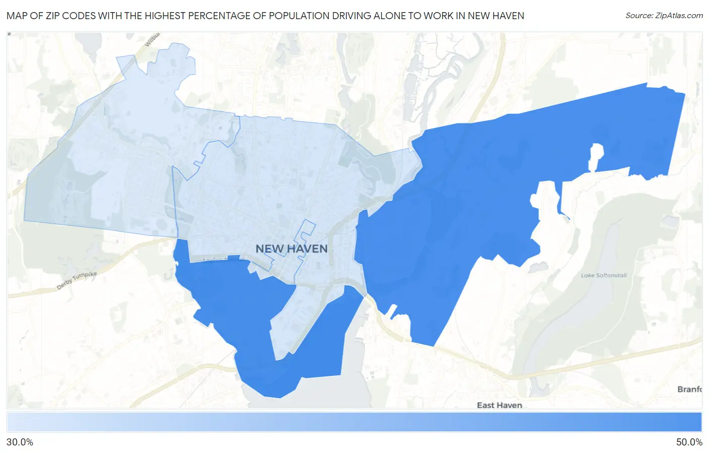 Zip Codes with the Highest Percentage of Population Driving Alone to Work in New Haven Map