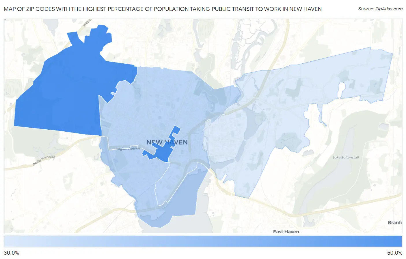 Zip Codes with the Highest Percentage of Population Taking Public Transit to Work in New Haven Map