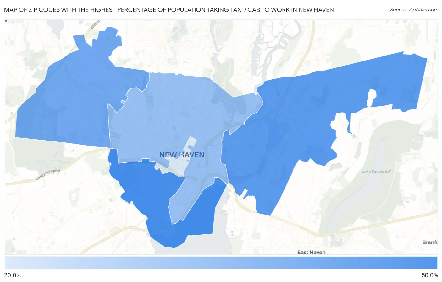 Zip Codes with the Highest Percentage of Population Taking Taxi / Cab to Work in New Haven Map