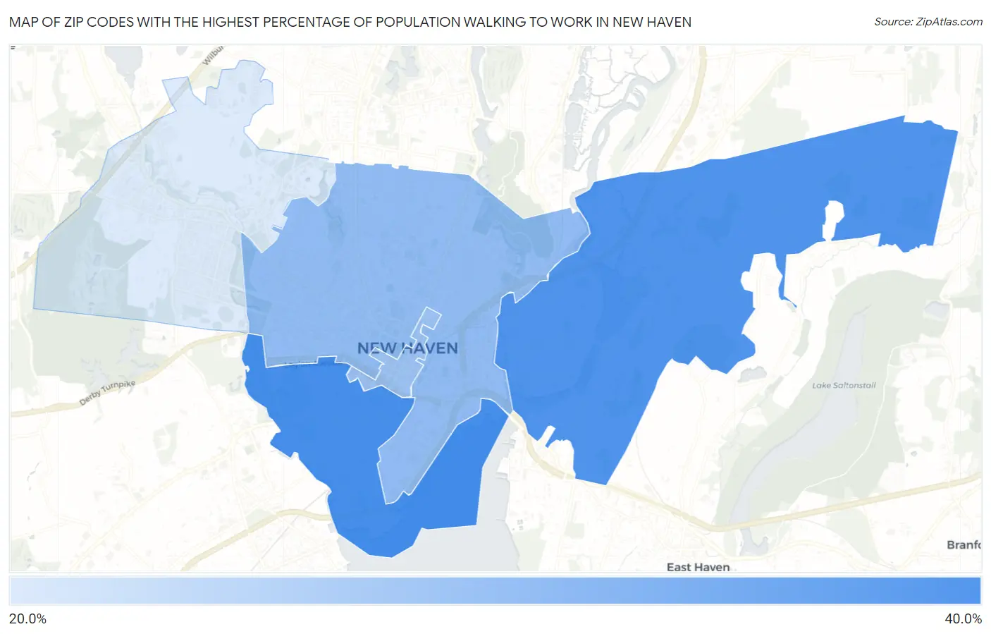 Zip Codes with the Highest Percentage of Population Walking to Work in New Haven Map