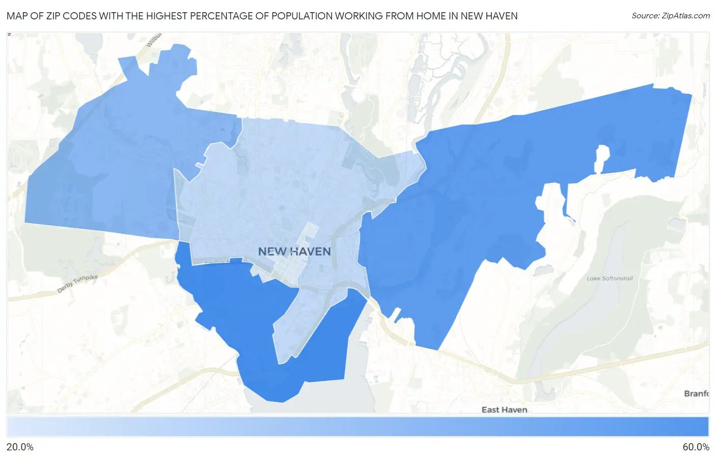 Zip Codes with the Highest Percentage of Population Working from Home in New Haven Map
