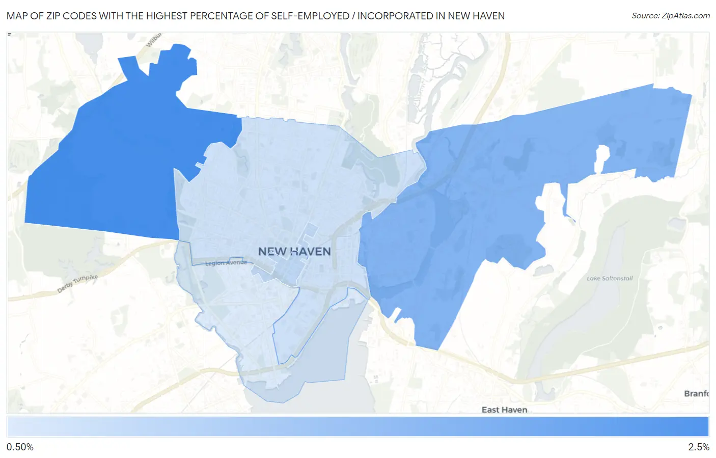 Zip Codes with the Highest Percentage of Self-Employed / Incorporated in New Haven Map