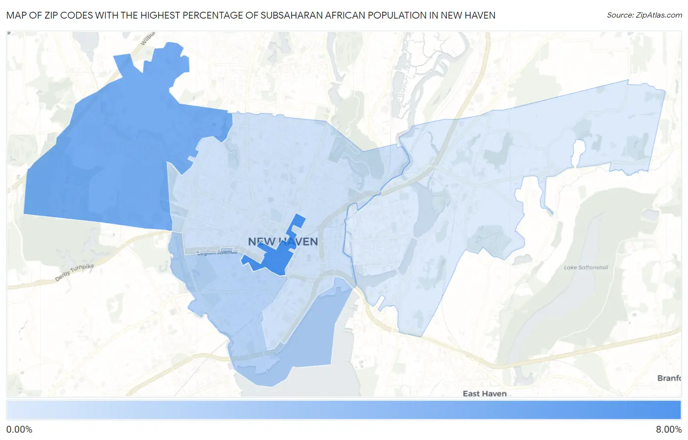 Zip Codes with the Highest Percentage of Subsaharan African Population in New Haven Map