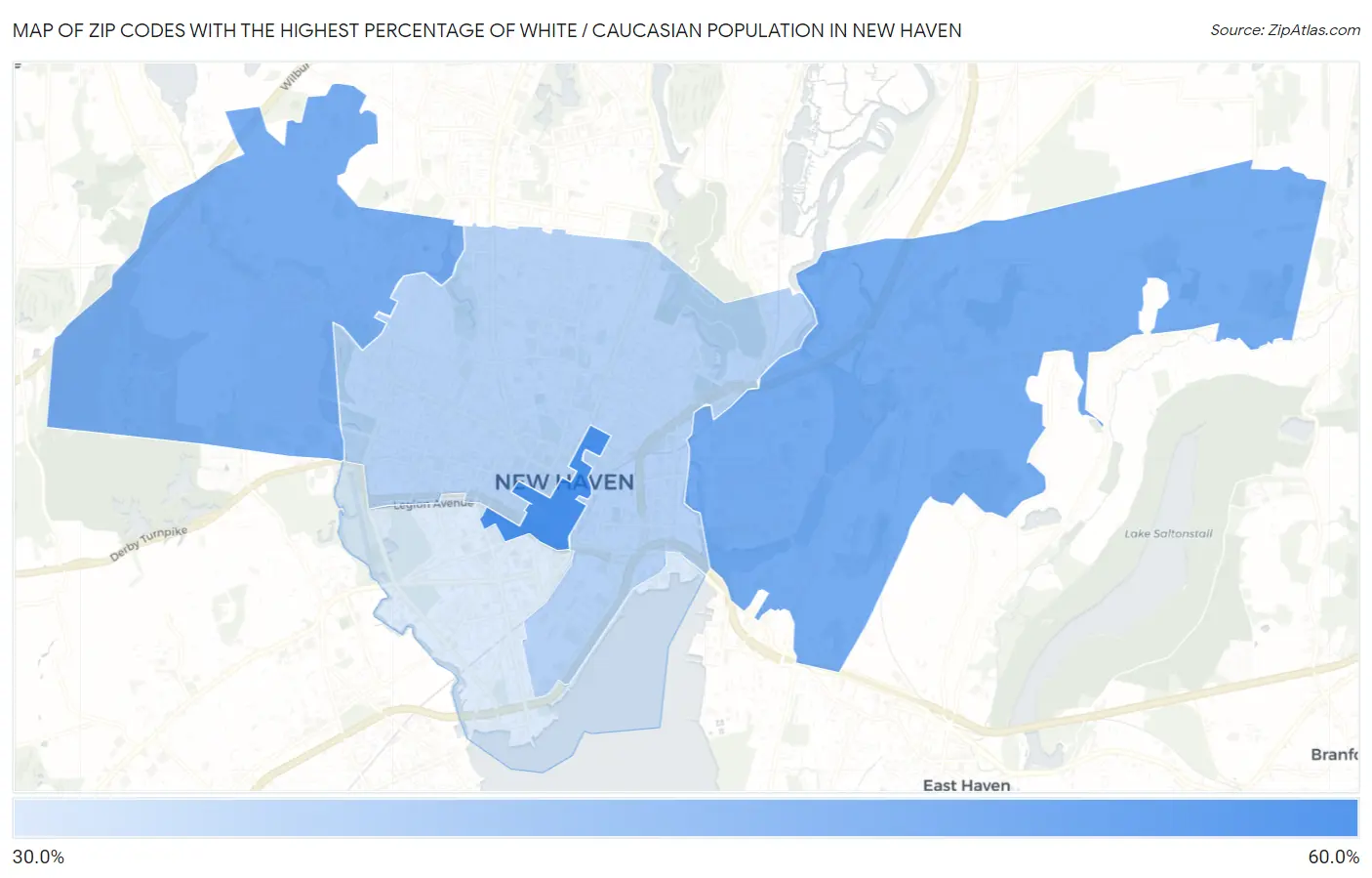 Zip Codes with the Highest Percentage of White / Caucasian Population in New Haven Map