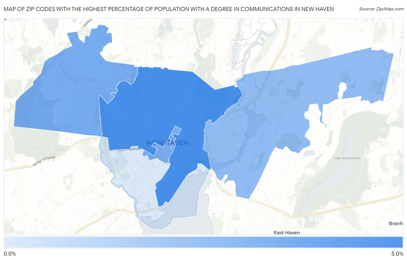 Zip Codes with the Highest Percentage of Population with a Degree in Communications in New Haven Map