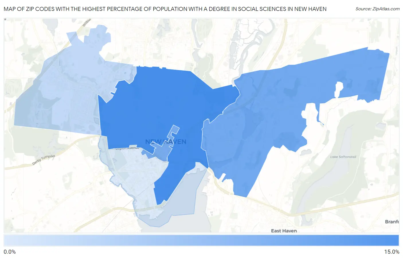 Zip Codes with the Highest Percentage of Population with a Degree in Social Sciences in New Haven Map