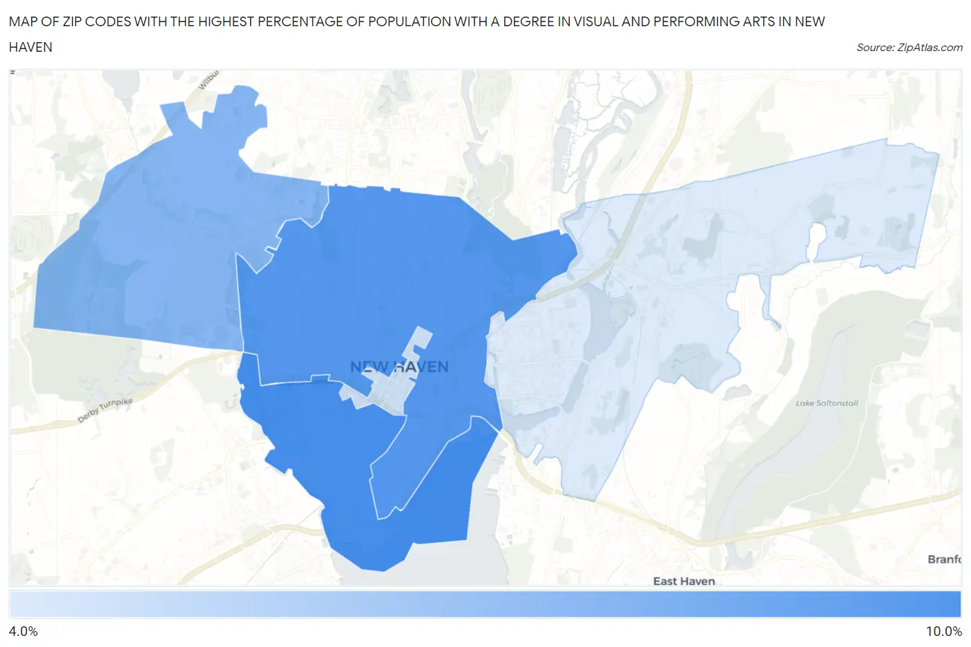 Zip Codes with the Highest Percentage of Population with a Degree in Visual and Performing Arts in New Haven Map