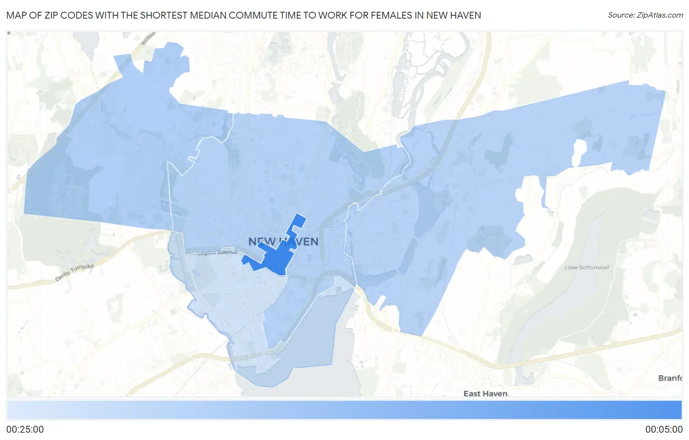 Zip Codes with the Shortest Median Commute Time to Work for Females in New Haven Map
