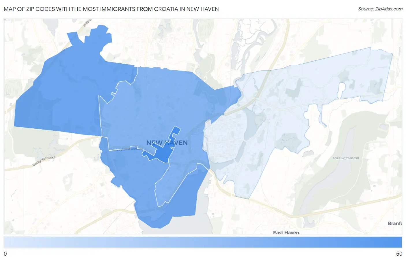 Zip Codes with the Most Immigrants from Croatia in New Haven Map