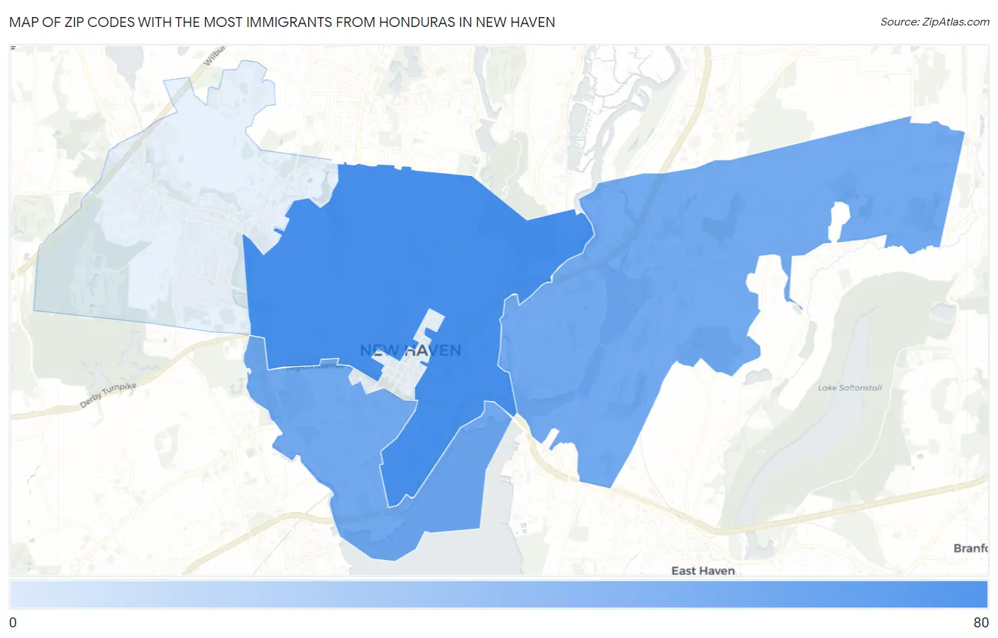 Zip Codes with the Most Immigrants from Honduras in New Haven Map
