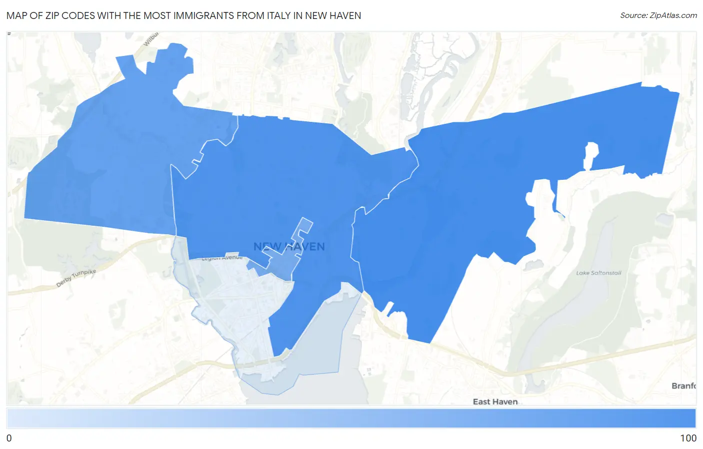 Zip Codes with the Most Immigrants from Italy in New Haven Map