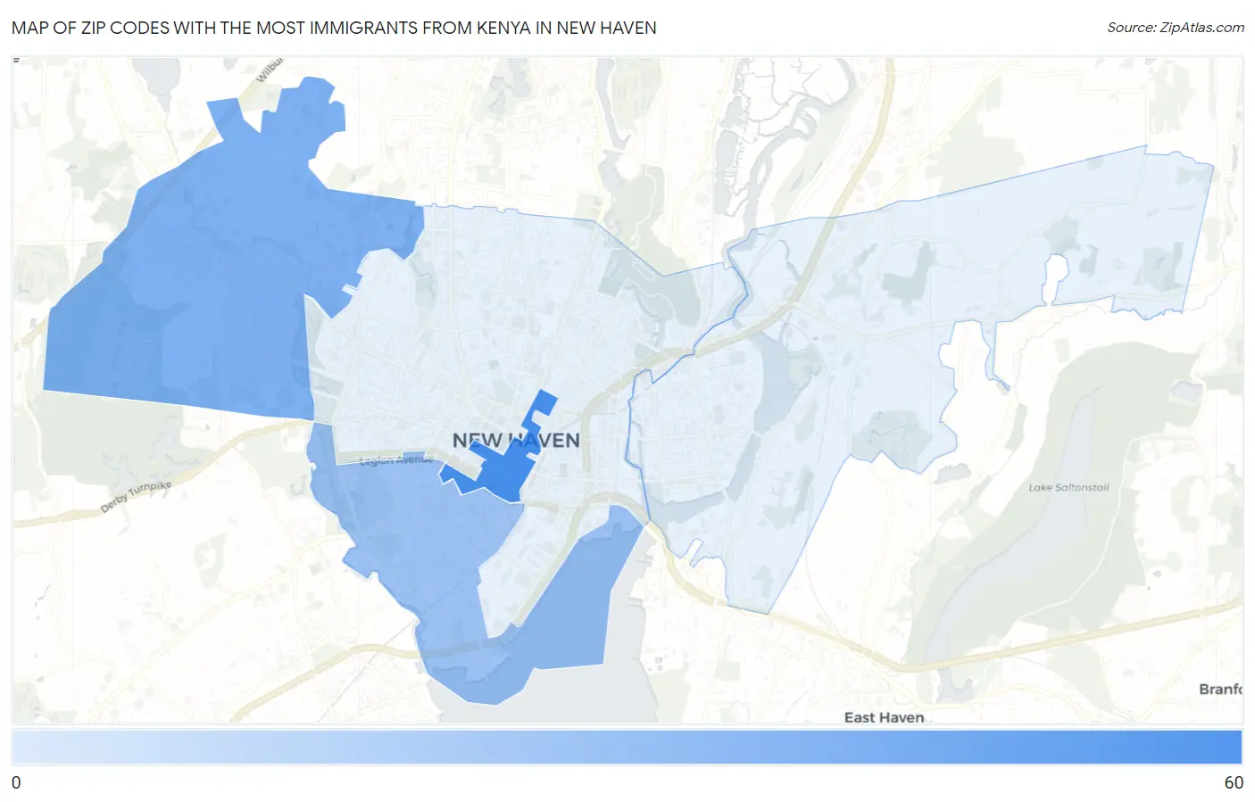 Zip Codes with the Most Immigrants from Kenya in New Haven Map