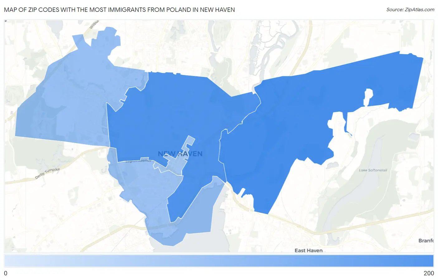 Zip Codes with the Most Immigrants from Poland in New Haven Map