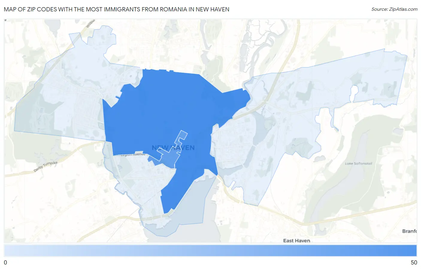 Zip Codes with the Most Immigrants from Romania in New Haven Map