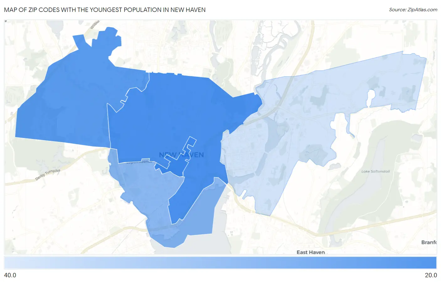 Zip Codes with the Youngest Population in New Haven Map