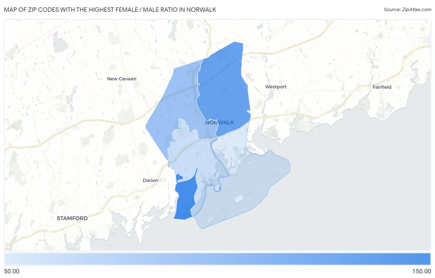 Zip Codes with the Highest Female / Male Ratio in Norwalk Map