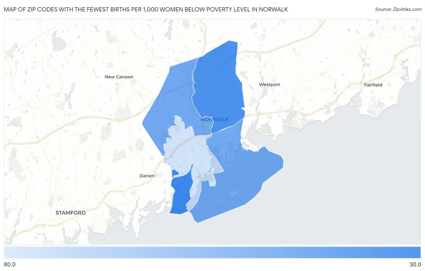 Zip Codes with the Fewest Births per 1,000 Women Below Poverty Level in Norwalk Map