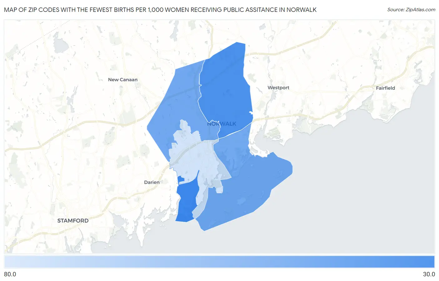 Zip Codes with the Fewest Births per 1,000 Women Receiving Public Assitance in Norwalk Map