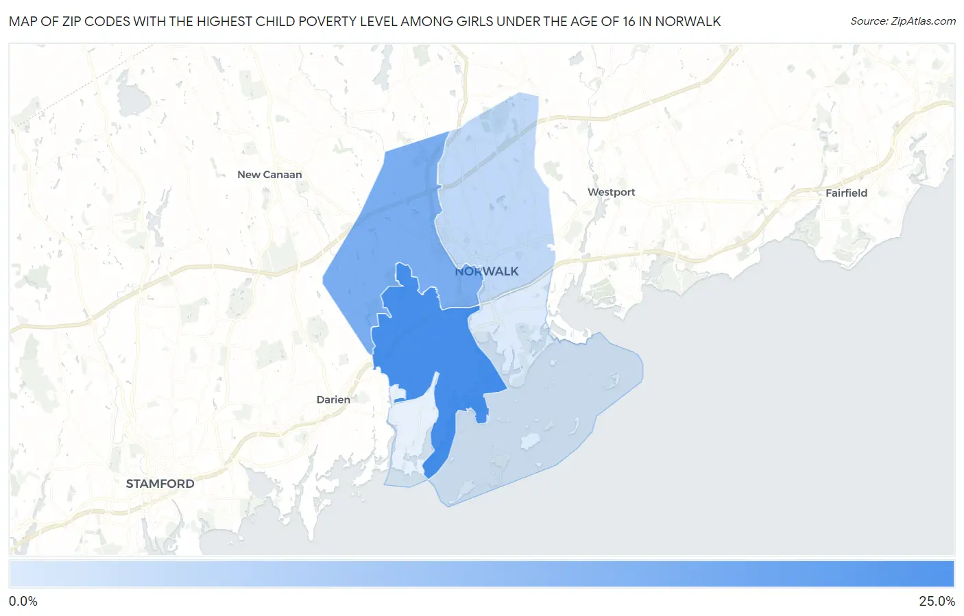 Zip Codes with the Highest Child Poverty Level Among Girls Under the Age of 16 in Norwalk Map