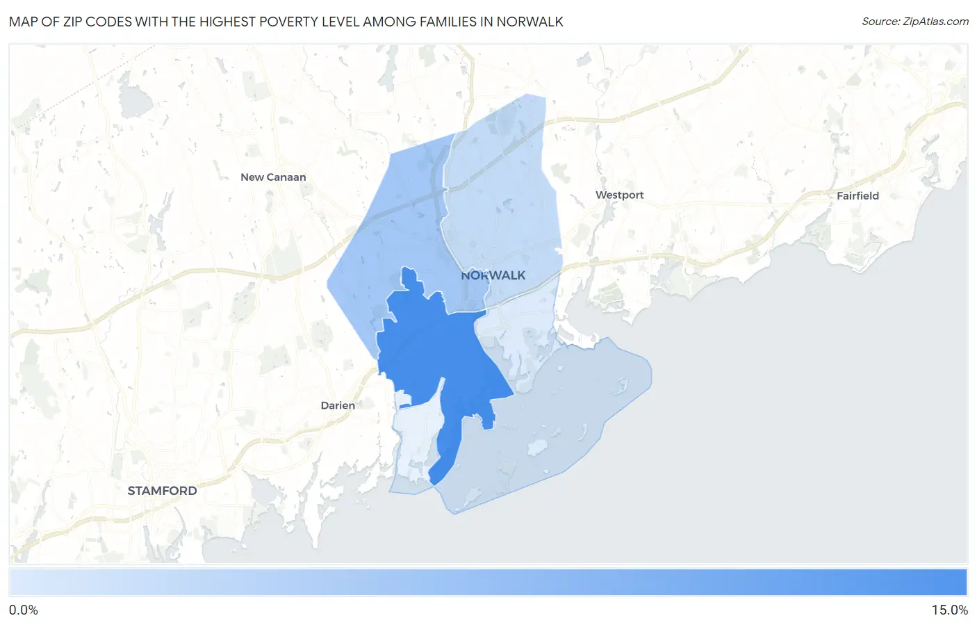Zip Codes with the Highest Poverty Level Among Families in Norwalk Map