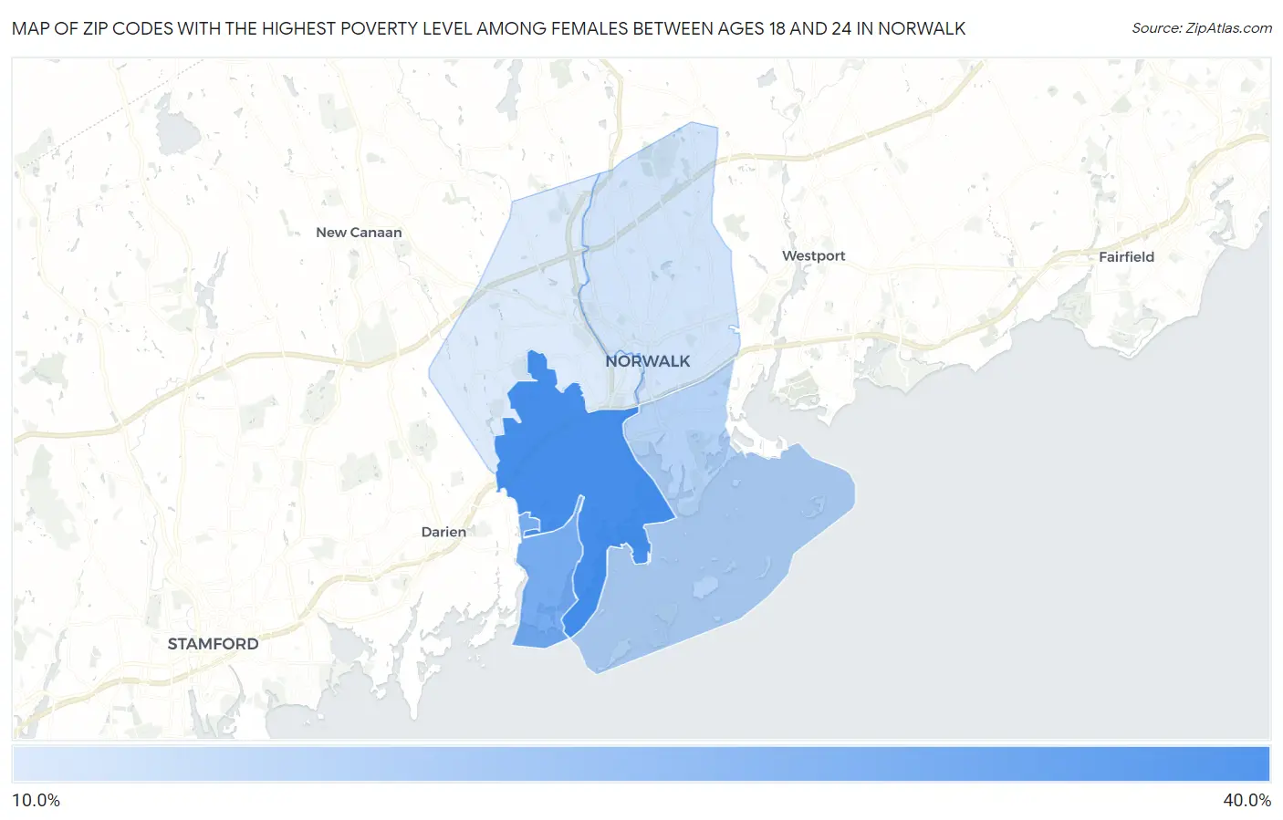 Zip Codes with the Highest Poverty Level Among Females Between Ages 18 and 24 in Norwalk Map