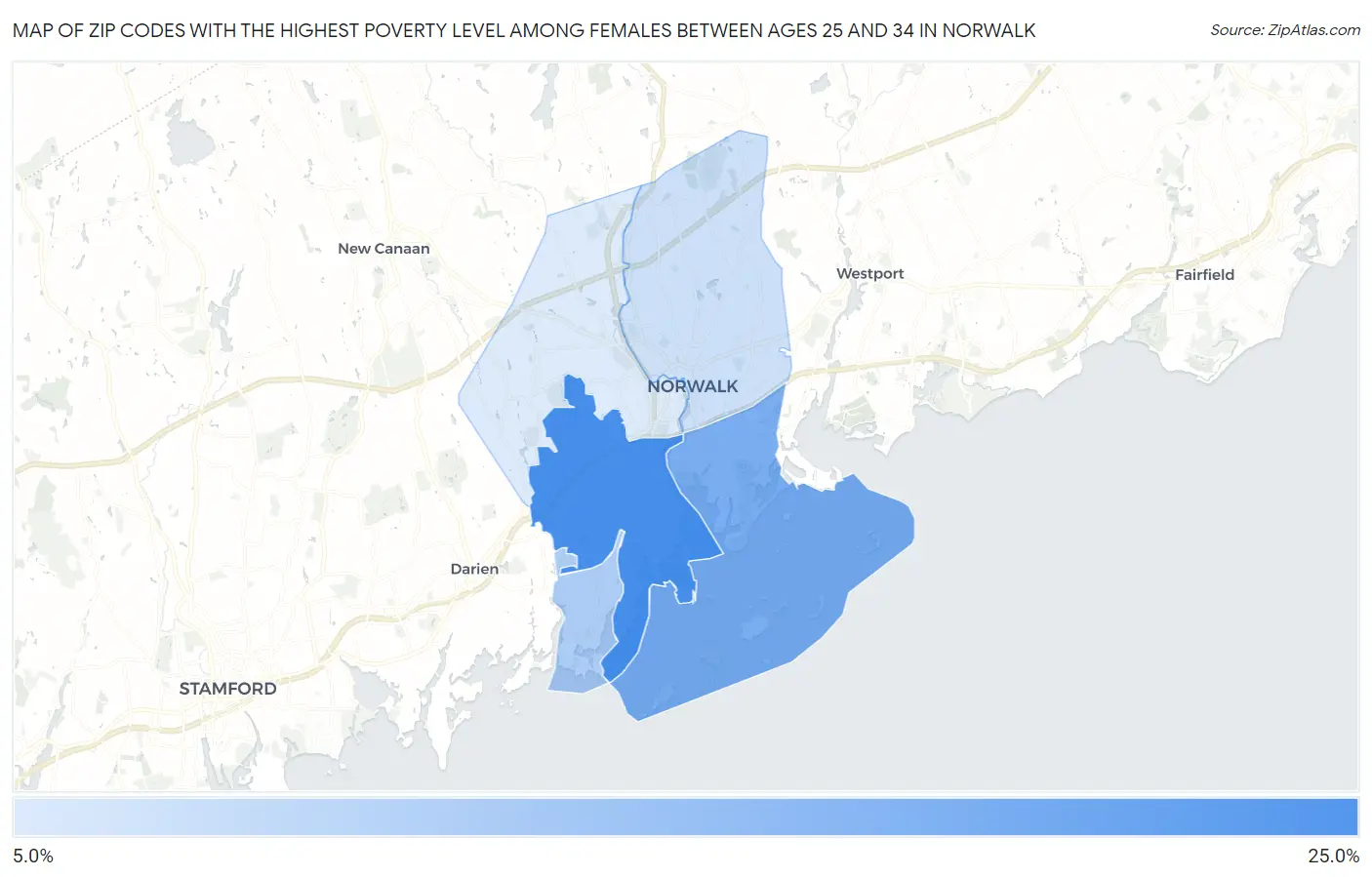 Zip Codes with the Highest Poverty Level Among Females Between Ages 25 and 34 in Norwalk Map