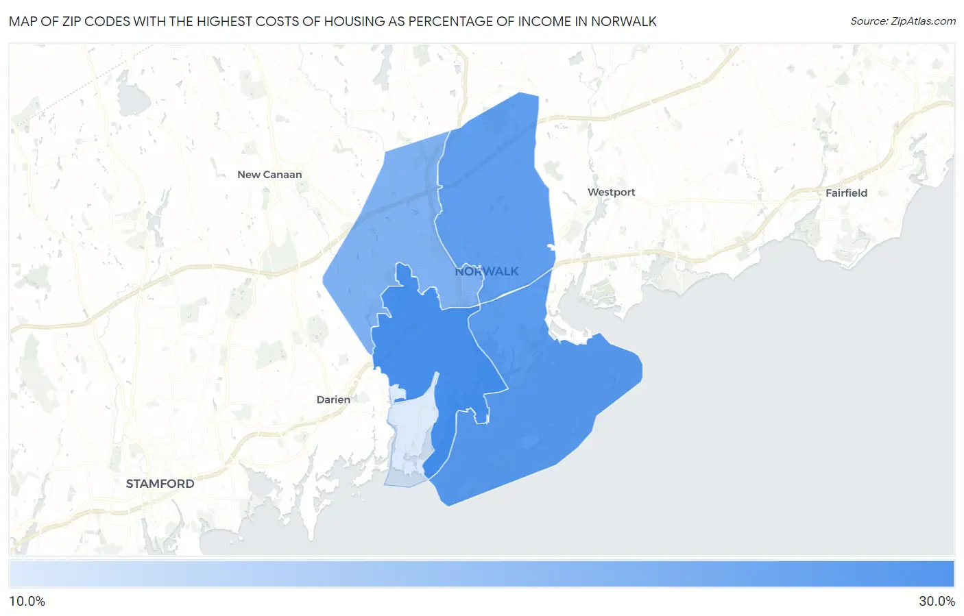 Zip Codes with the Highest Costs of Housing as Percentage of Income in Norwalk Map