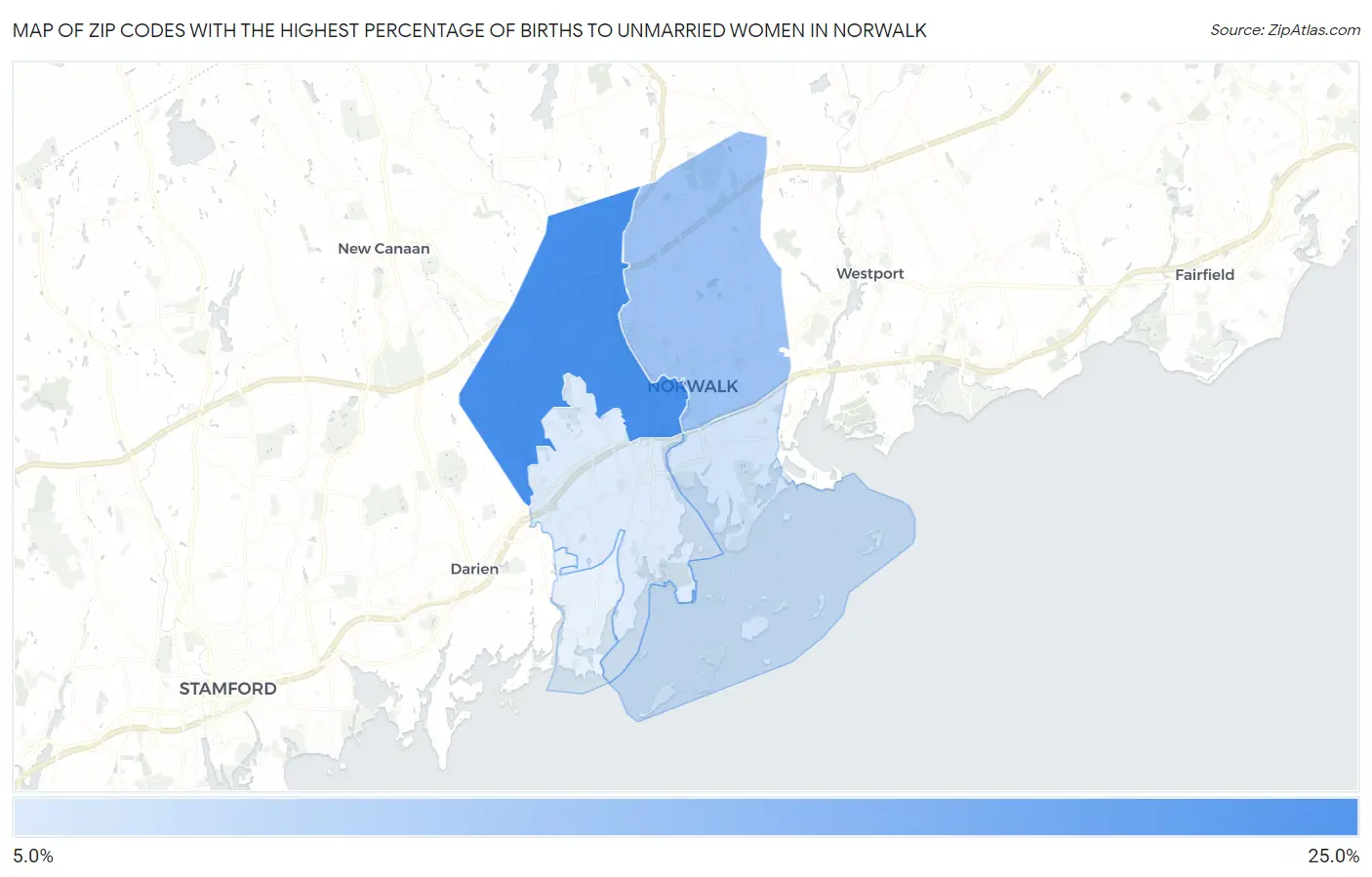 Zip Codes with the Highest Percentage of Births to Unmarried Women in Norwalk Map