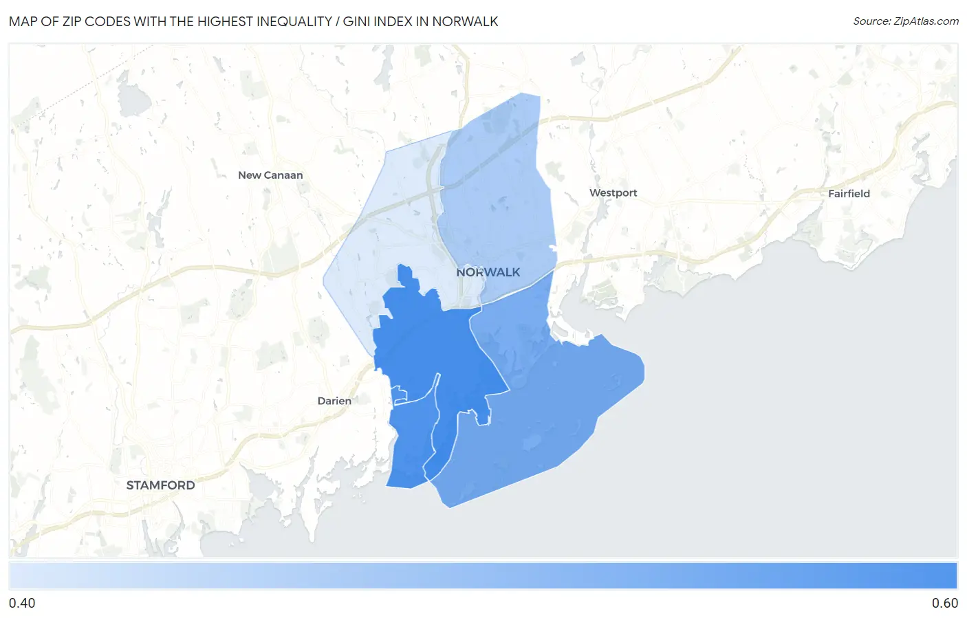 Zip Codes with the Highest Inequality / Gini Index in Norwalk Map