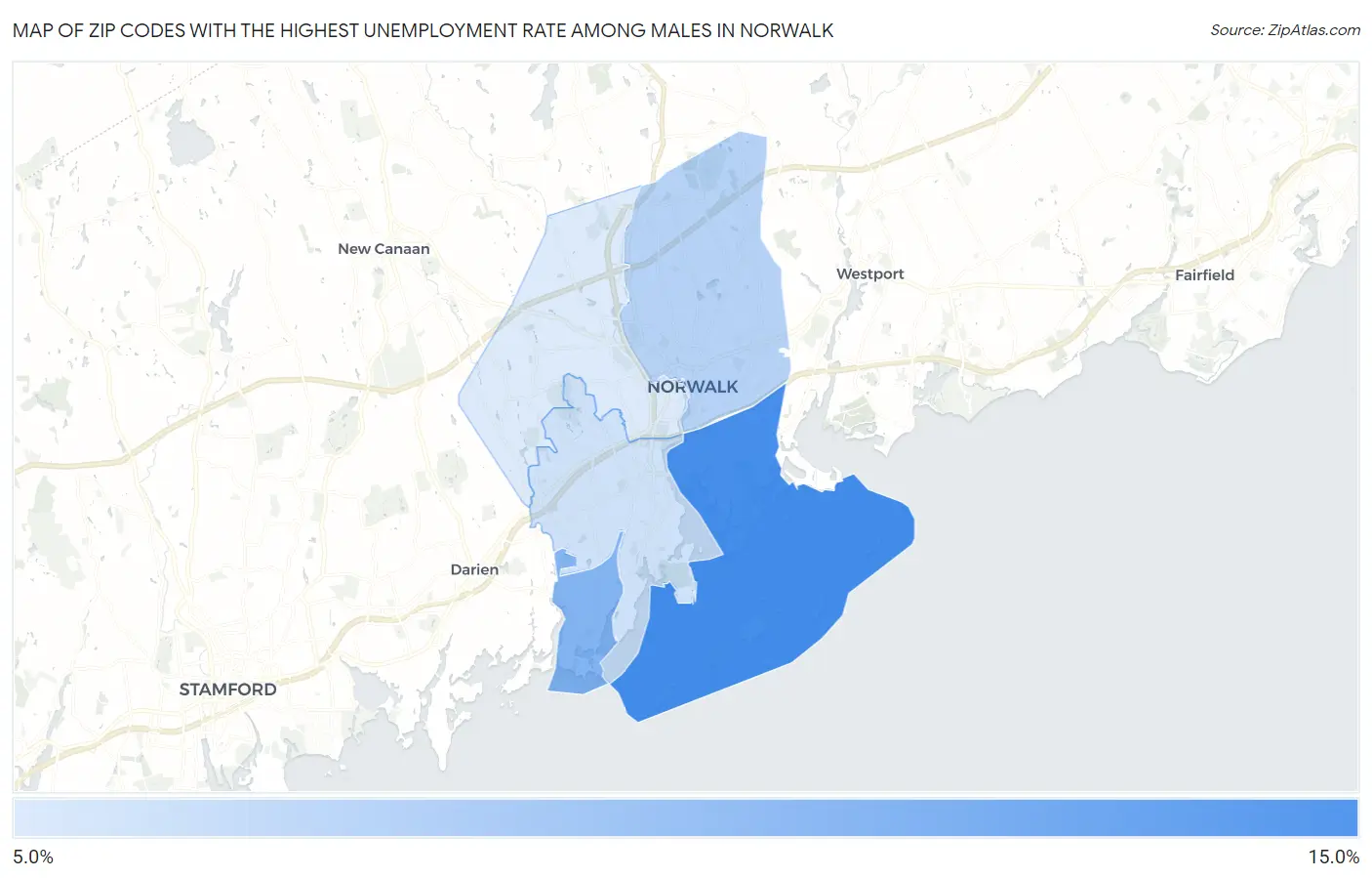 Zip Codes with the Highest Unemployment Rate Among Males in Norwalk Map