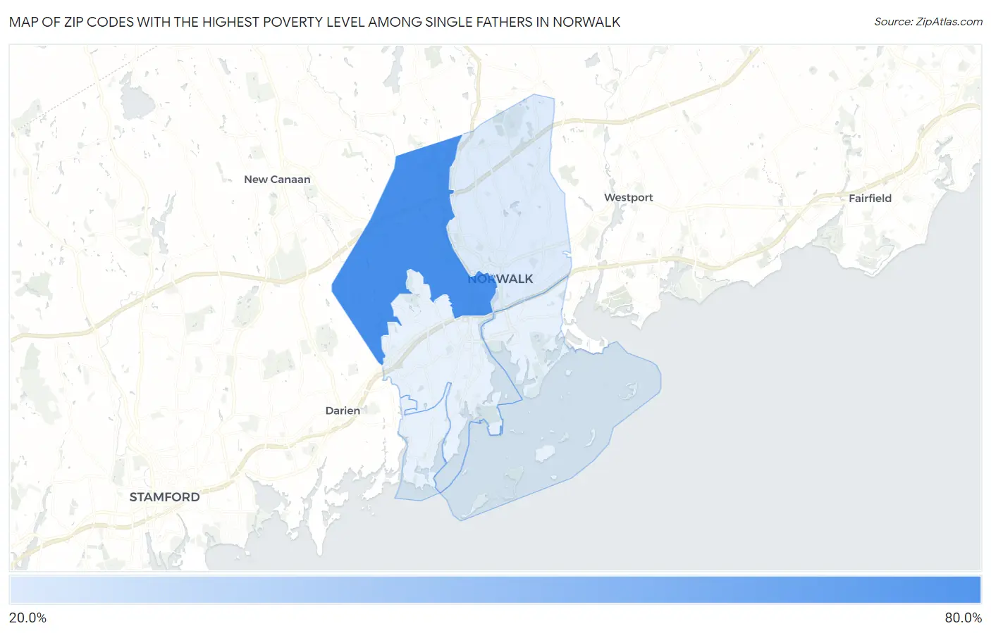 Zip Codes with the Highest Poverty Level Among Single Fathers in Norwalk Map