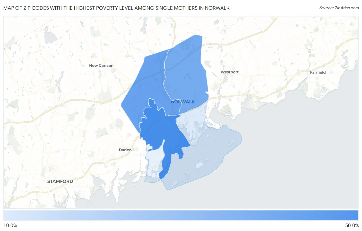 Zip Codes with the Highest Poverty Level Among Single Mothers in Norwalk Map