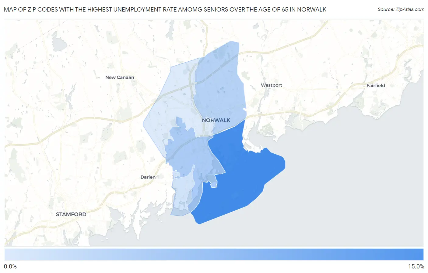 Zip Codes with the Highest Unemployment Rate Amomg Seniors Over the Age of 65 in Norwalk Map