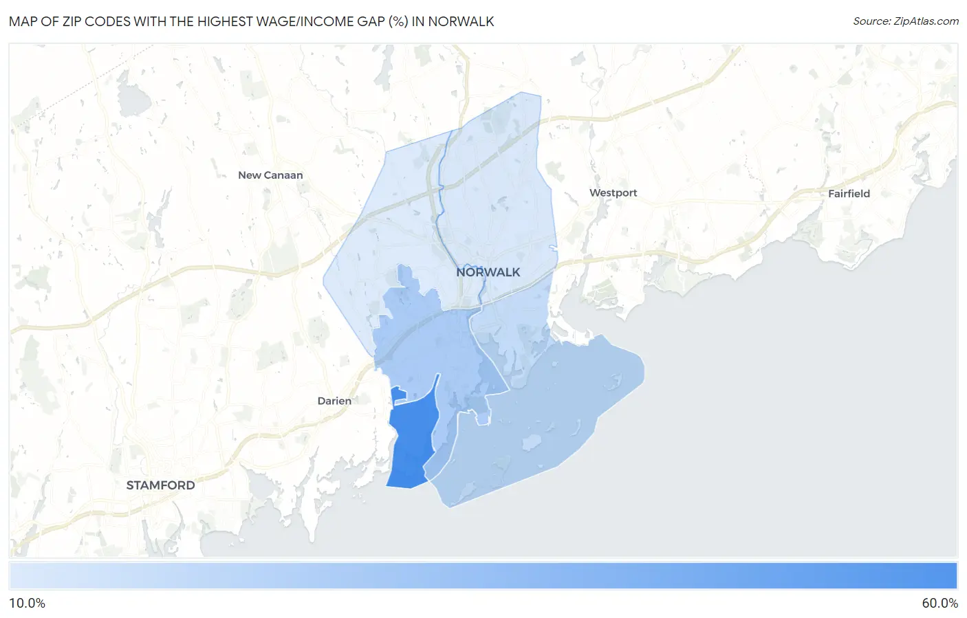 Zip Codes with the Highest Wage/Income Gap (%) in Norwalk Map