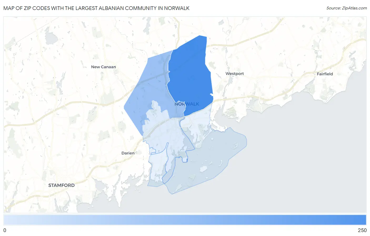 Zip Codes with the Largest Albanian Community in Norwalk Map