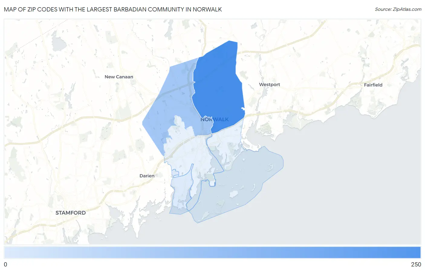 Zip Codes with the Largest Barbadian Community in Norwalk Map