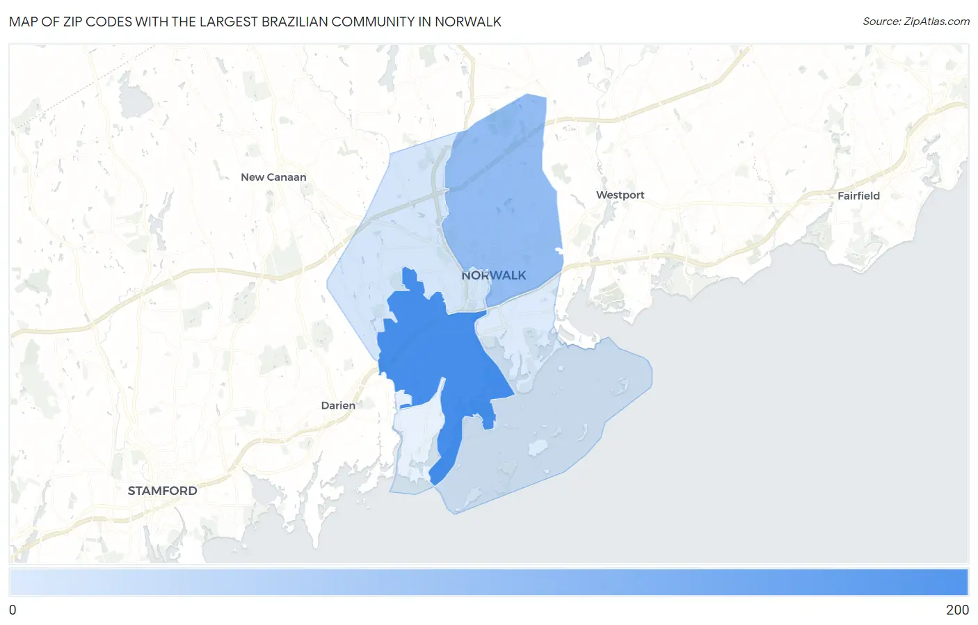 Zip Codes with the Largest Brazilian Community in Norwalk Map