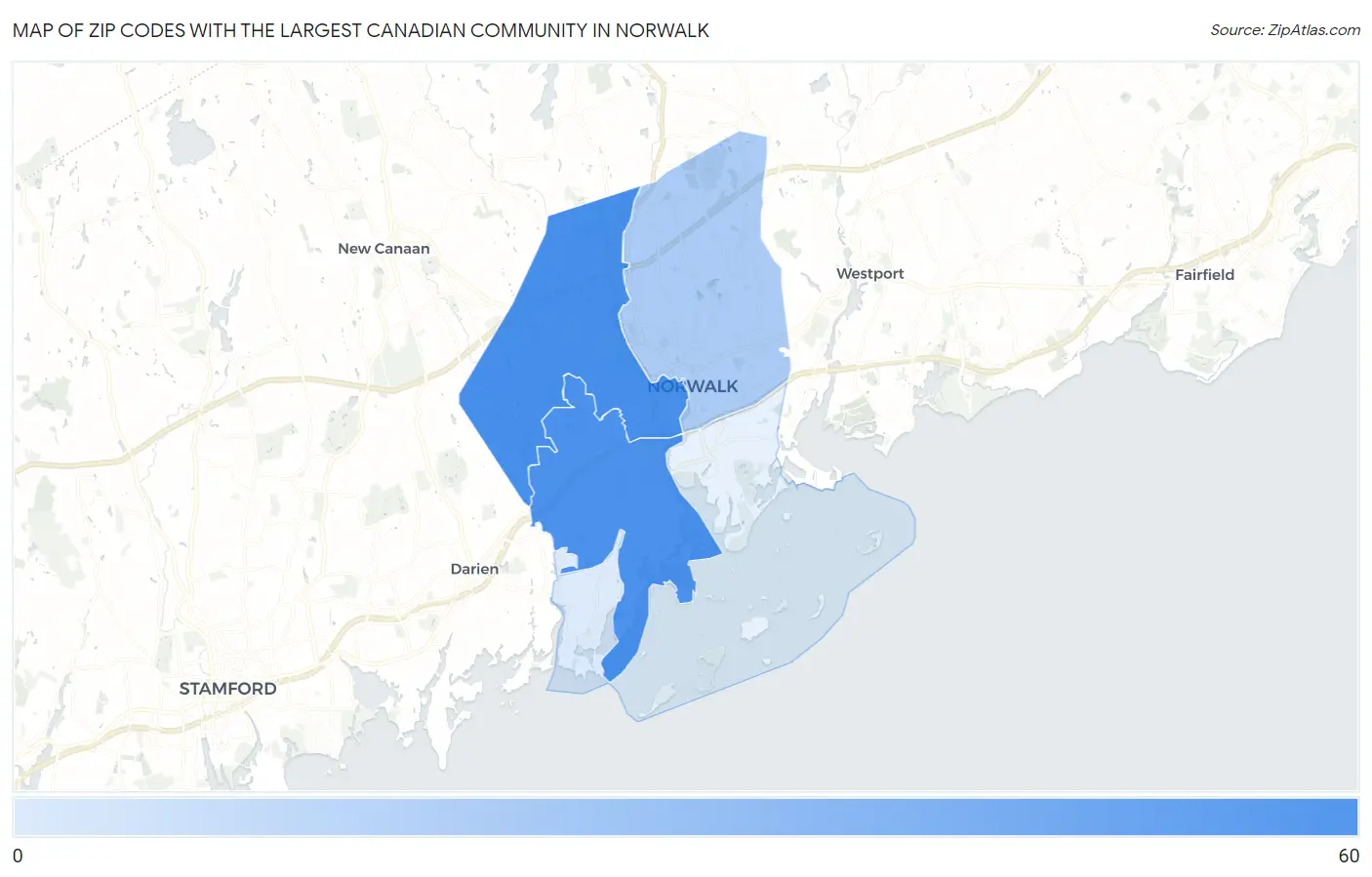 Zip Codes with the Largest Canadian Community in Norwalk Map