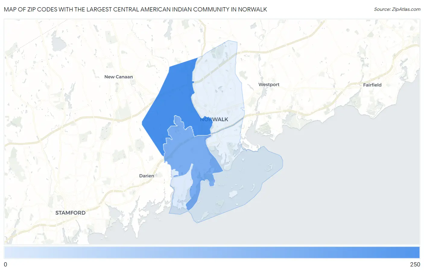 Zip Codes with the Largest Central American Indian Community in Norwalk Map