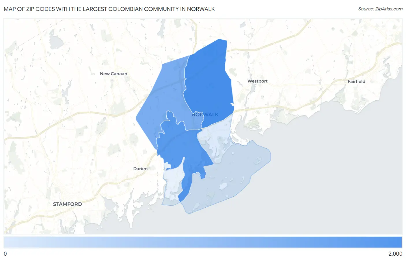 Zip Codes with the Largest Colombian Community in Norwalk Map