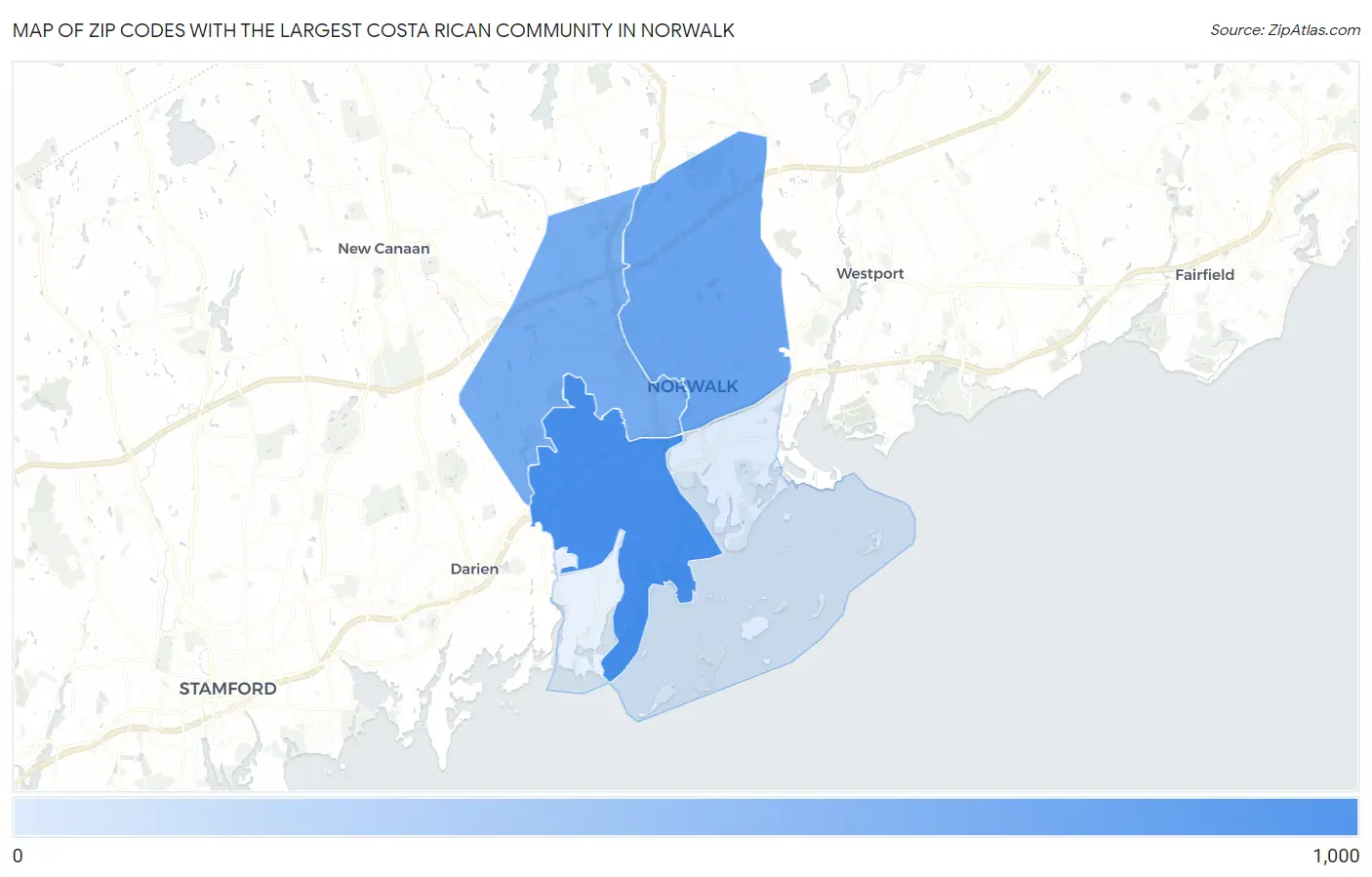 Zip Codes with the Largest Costa Rican Community in Norwalk Map