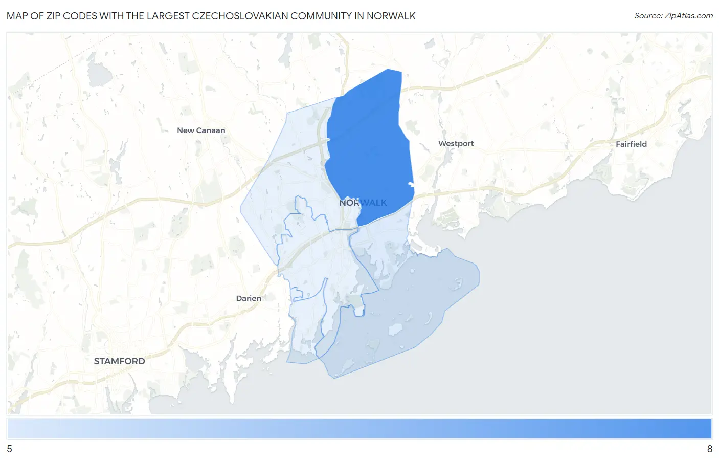 Zip Codes with the Largest Czechoslovakian Community in Norwalk Map